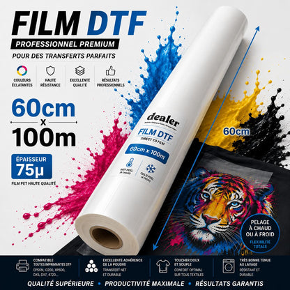 Coque Sublimation Consommable DTF Film DTF Pro 60cm x 100m - Pelage à chaud ou à froid – 75 µ Film DTF Pro 60cm x 100m - Pelage à chaud ou à froid – 75 µ
